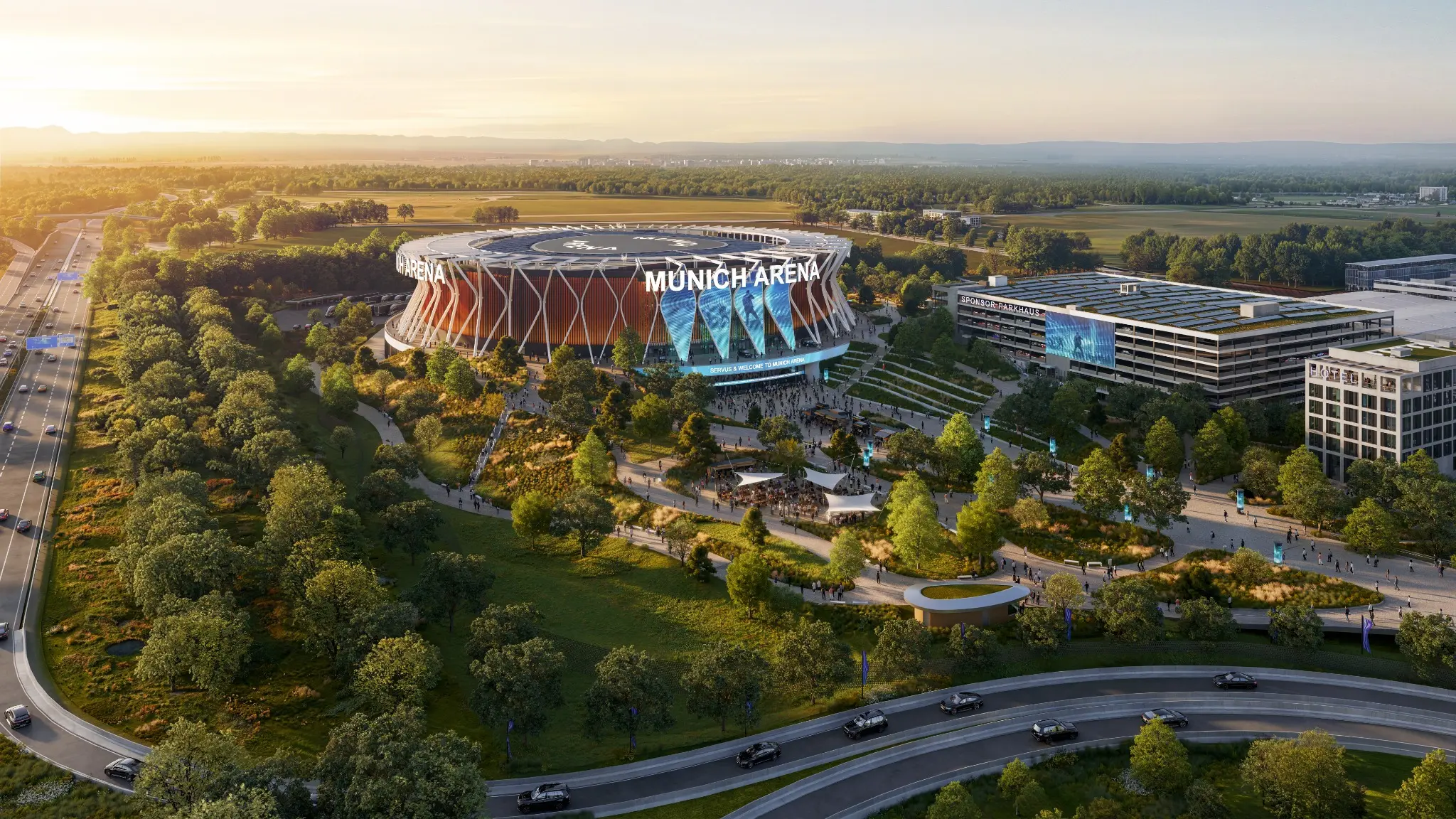 Luftaufnahme der Munich Arena im Sonnenuntergang